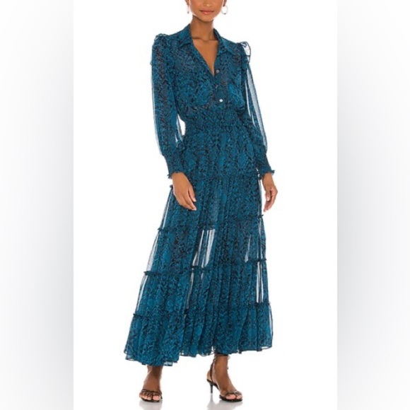 MISA Los Angeles Aydeniz Maxi Dress S Teal Snake Print Boho Festival Tiered NWOT - Picture 1 of 5
